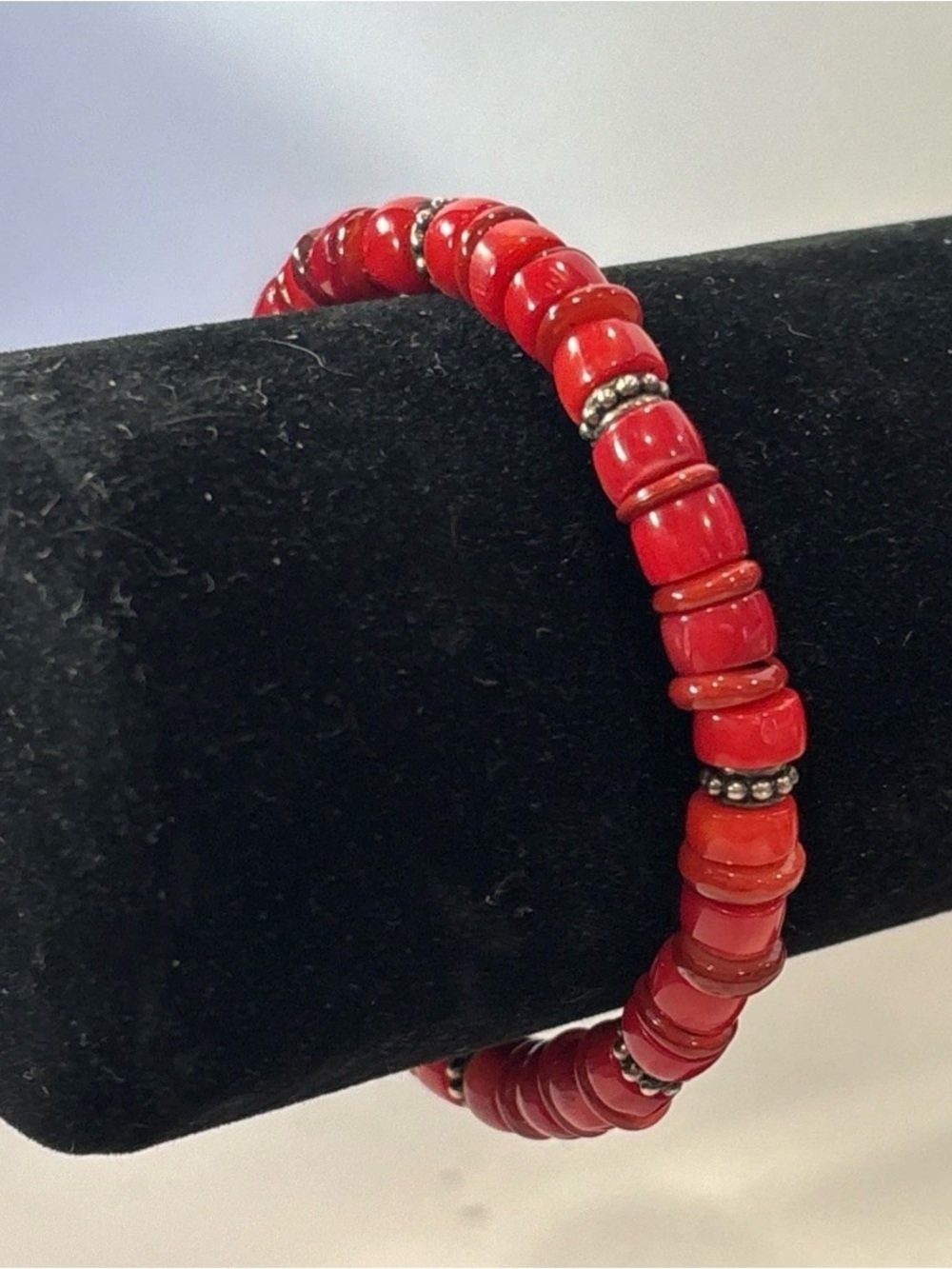 Vintage Cherry Red Glass Rondelle Bracelet‎ Bali Style Boho Jewelry 7.5”